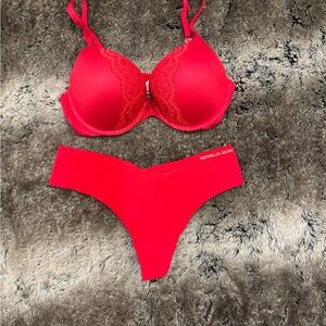 NWOT Victoria's Secret Red Hot Lace Bra (34C) + Seamless Panty Set (M)